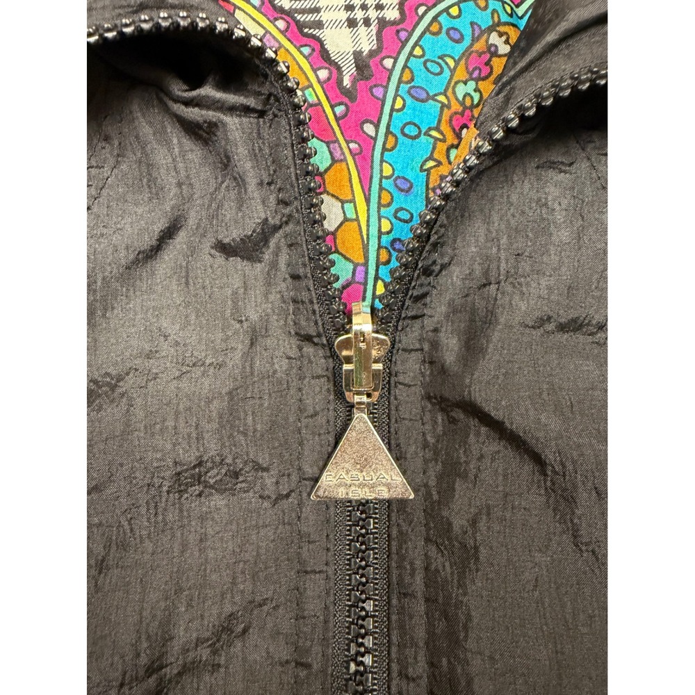 Casual Isle Reversible Windbreaker Jacket Black Multi Paisley Pockets Vintage Sm - Picture 2 of 8